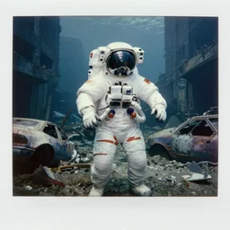 very realistic underwater photographs of american white spacesuit chubby astronaut in postapocalyptic abandoned destroyed deep sea times square, wrecked buildings, destroyed flipped wrecked cars, underwater polaroid photo, vintage, neutral colors, underwater, by shawn heinrichs and gregory crewdson