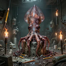 pencils of brutalist medical, unsymmetrical, horror squid as block, surrounding med equipment, abandoned, by v finlay, wayne d barlowe, basil gogos, stefano tamburini, torch light, muted colors, epic, hyper detailed, awe inspiring, award winning horror, hyper realism, cinematic