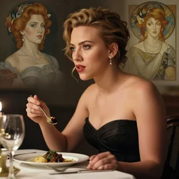 scarlett johansson eating dinner, character sheet, character design, contrast, deep focus, turnaround, highly detailed, dramatic lighting, digital painting, artstation, concept art, matte, sharp focus, illustration, elegant, art by artgerm and greg f and alphonse mucha.
