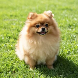 Pomeranian dog sitting on the grass in a sunny day