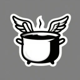 logo of a pot of water with wings, black and white, line art