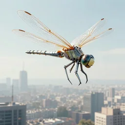 a cel shaded rendering of an enormous biomechanical cyber strandbeest dragonfly in flight over a city. high key lighting. by theo jansen by alberto baisi