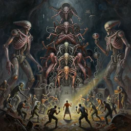 oil paint of 1 1 horrifying machines as mollusk wearing flayed gods in tiers, colossal medical gangrene machines in tiers, dethroning / we machines / rigid paced by rulers, baron black light, melee, battle pit, by shigeru komatsuzaki, by alberto bontempi, basil gogos, wayne d barlowe, stefano tamburini, torch light