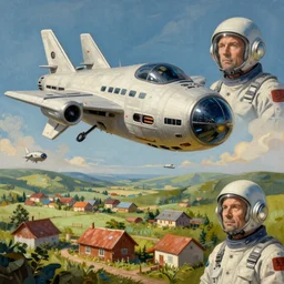 a beautiful matte painting of a alien spaceship over the soviet village simon stalenhag and alan bean, trending on artstation, realistic rendering