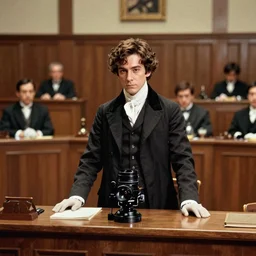 full color still of Sherlock Holmes in a courtroom of law in the Meiji era Tokyo, 150mm lens by Akira Kurosawa, 1980 cinematography