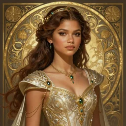 Zendaya as a fantasy princess, D&D, fantasy, intricate, elegant, highly detailed, digital painting, artstation, concept art, matte, sharp focus, illustration, art by Artgerm and Greg Rutkowski and Alphonse Mucha