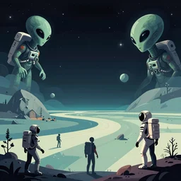 aliens, astronauts, alien world in the universe, wide angle shot, vector art, by brom