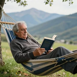 my older italian wise friend on a hammock, reading new book, gravity is strong, he is very relaxed, snug legs, mountains in a background