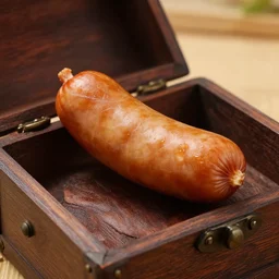 a photorealistic image of a sausage shaped fruit on a wooden treasure chest