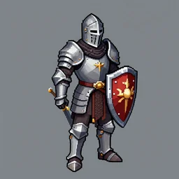 sprite of a knight with armor sword and shield, dungeons and dragons game spritesheet, isometric, detailed, pixel art, full turn around