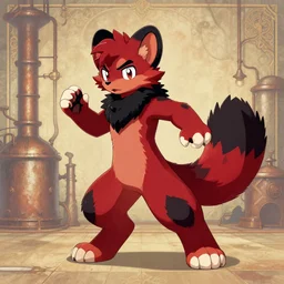 a dashing weasel bandit furry red - and - black fursona animal character { with tail }, mid - action pose on a painted elaborate industrial background by peder balke, this fursona has [ a tail! ]