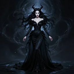 style of miho harano : : gorgeous willa holland : : evil witch, swirling black magic, black dress : : symmetrical face, symmetrical eyes : : full body pose : : gorgeous black hair : : magic lighting, low spacial lighting : :