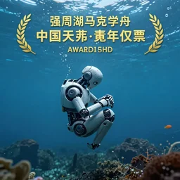 a photo of a a vast underwater with a tiny cyborg in the center curled into itself. Cinematic post-processing. Award winning