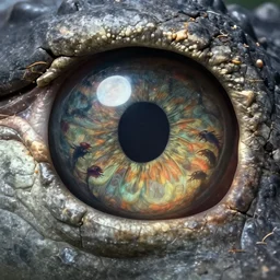 macro photography of an alligator iris which is a stone portal to another world, the world filled with dark creatures, cinematic light, highly detailed, sharp focus, high resolution, anime