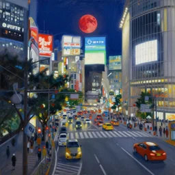 an edward hopper style painting of a busy road in tokyo shibuya, blood moon