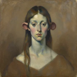 expressive distorted bust portrait of a woman with long neck, big ears and a small head, brown and blue palette, oil painting, impasto, muted colors, artwork by arnold bocklin, james jean, jenny saville