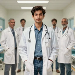 Anxious good looking pale young Indian doctors wearing jeans inside a hospital, portrait, elegant, intricate, digital painting, artstation, concept art, smooth, sharp focus, illustration, art by artgerm and greg rutkowski and alphonse mucha