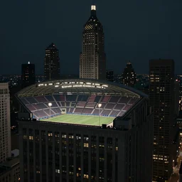 art deco sports stadium on top of a skyscraper, Stacked city, Chicago, dark city, olympics event 1930's, moody lighting, cinematic, Road to Perdition stillframe, staring Jennifer Connely
