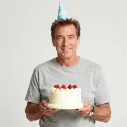 portrait photo still of tom selleck holding a small cake, wearing a birthday hat, in front of a haunted house, 8 k, 8 5 mm f 1. 8