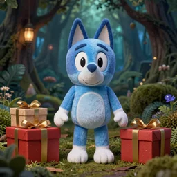 blue'snappy gifts doll'in magical forest, gifts, dark atmosphere, high detail, soft lighting, 8 k
