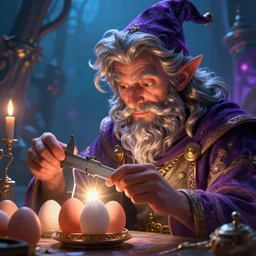 Pensive Wizard examines eggs with calipers, vibrant digital 2d fantasy art by Anna Dittman