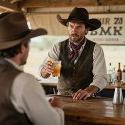 A bartender serving a drink while talking to a customer, wild west, hyper realistic, super detailed, 4k, HDR