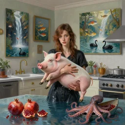 tall emo female artist holding a pig in her flooded kitchen, pomegranates, octopus, luxury apartment, paintings on the walls, surreal photography, fish, zen, waterfall, black swans, canoe, berries, impressionist digital painting, artstation, by simon stalenhag and magritte