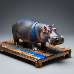 a photo of a model hippo made of repurposed dock ( wood ) brown wood composite mixed with straight lines blue epoxy resin, dramatic lighting, studio zeiss 1 5 0 mm f 2. 8 hasselblad, award - winning photo