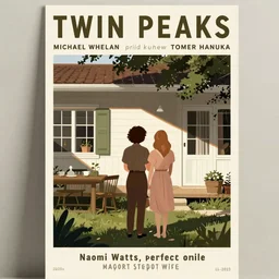 poster artwork by Michael Whelan and Tomer Hanuka, Karol Bak of Naomi Watts the perfect stepford wife, from scene from Twin Peaks, clean, simple illustration, nostalgic, domestic, full of details