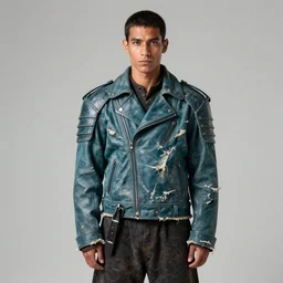 an award - winning photo of a male model wearing a baggy teal distressed medieval menswear moto jacket inspired by medieval armour designed by issey miyake, 4 k, studio lighting, wide angle lens