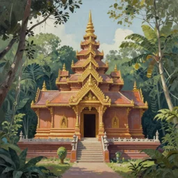 oil painting of temple in jungle