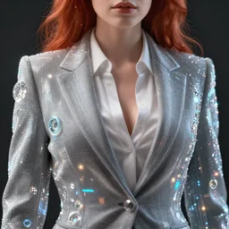 close - up, photo of a woman with red hair wearing a formal slightly open formal suit, trending on instagram, full body, ultra - hd, hcl, 1 2 - bit, ar, volumetric lighting, opaque, optics, lumen reflections, vfx, insanely detailed and intricate, hypermaximalist, elegant, ornate, hyper realistic, super detailed