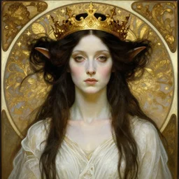 oil portrait of the face of grimes as an ethereal and elegant elf with pale skin and extremely long dark hair, ominous, symmetric, golden crown, circular background, wearing a flowing white dress, rule of thirds, hyperdetailed, by alphonse mucha, alphons mucha, art nouveau, hans holbein, wlop
