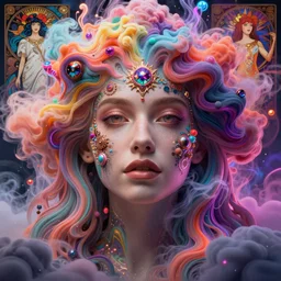 a beautiful woman engulfed in colorful liquid clouds and neon smoke, extremely psychedelic experience, psilocybin, dmt, lsd, perfect face, highly detailed, artstation, sharp focus, digital art by hana yata, and artem demura and beeple, lisa frank, alphonse mucha, octane render, unreal engine, 8 k