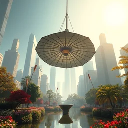 1 9 2 0 floating illuminating parasol park with pond inside art deco metropolis optimistic colorful sunny clear day parks trees flowers clear focus [ [ minimalist brutalist skyscrapers ] ] [ art deco motifs ] cinematic lighting fantasy by ross tran greg rutkowski elegant retro futuristic highly detailed artstation