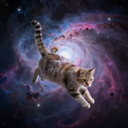 a cat in space floating in a colorful nebula