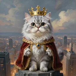 a fantasy portrait painting of an anthropomorphic silver brindle persian cat dressed, big round eyes, as a renaissance king with crown in head, standing on a skyscraper overlooking a vast city, centered, cinematic, beautiful lighting, dramatic