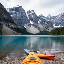 a beautiful image of a breathtaking lake with amazing mountains in the background, there is a kayak in the foreground on the beach, landscape