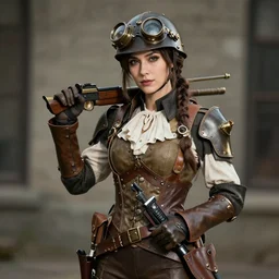 portrait photograph of a real-life beautiful female steampunk soldier.  Extremely detailed. 8k