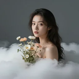 portrait, hyperrealism, woman in the clouds with flowers
