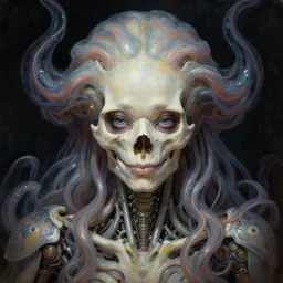 perfectly centered portrait, front view of a beautiful biomechanical medusa skull, female, flowing hair, intense stare, sarcastic smile, symmetrical, concept art, intricate detail, volumetric shadows and lighting, realistic oil painting by tim hildebrandt,