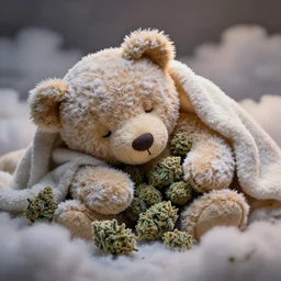 a teddy bear fast asleep covered in a blanket made of frosty sticky marijuana nugs covered with trichomes beautiful soft fluffy clouds soft lighting rich colors deep focus, elegant, digital painting, smooth, sharp focus, golden ratio, dramatic illumination, ultra realistic, 4 k, art by greg rutkowski wlop rossdraws artstation pixiv