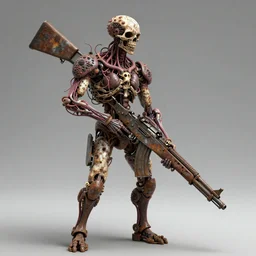 Techno-biological rusty rifle consisting of tumors, veins, bones, kidneys, wires. Biopunk, body-horror, high detail, photorealism, full length view, very rust, concept art, octane render, 8k