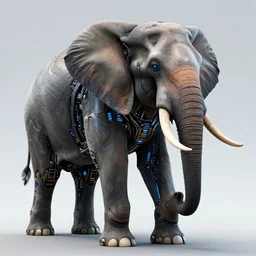 hyper realistic cybertronic elephant. high details of body and face. complex realistic mechanical body. blue led. cyberpunk style, natural realistic render, trending on art station, 8 k render by alan lee and by artgerm.