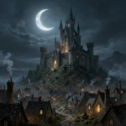 A medieval fantasy village surrounding a towering wizard's castle on a hill, crescent moon, light glowing from windows at night, smoke from chimneys concept art by Greg Rutkowski
