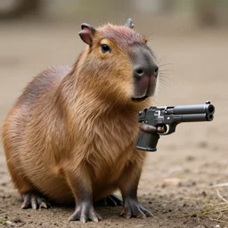 realistic bipedal capybara!!! holding a gun!!!! from the new science fiction movie capybara!!! wit!!! h gun!!!, 8 k photo still, 8 k, f 1. 8, macro