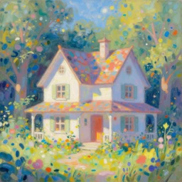 wizard's summer cottage by alena aenami and ayako rokkaku, bayard wu, fenghua zhong, feng zhu : painterly, impressionistic, luminous, ethereal, dreamlike, whimsical, colorful, patterned, layered, tonemapped