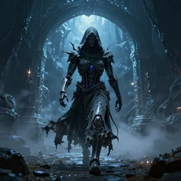 character and environment design, ( ( biomechanical ) ) arcanist walking through a magic portal to another world, tattered!!! robe and hood, blue light, fog, scary, arrogant, hostile, photorealistic, cinematic, hyper realistic, octane render, 8 k, wide angle