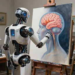 photorealistic illustration of a sci - fi robot in an artist's studio, painting a picture of a human brain on a large canvas, beeple, deviantart, cgsociety
