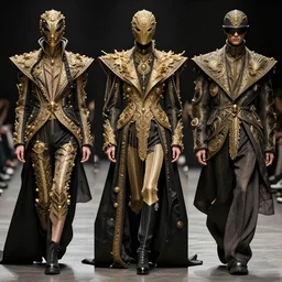 beautiful avant garde fashion look and clothes, we can see them from feet to head, highly detailed and intricate, golden ratio, hypermaximalist, ornate, luxury, elite, cinematic, designer fashion, Rick Owens, Yohji Yamamoto, Y3, ACRNYM, outfit photo